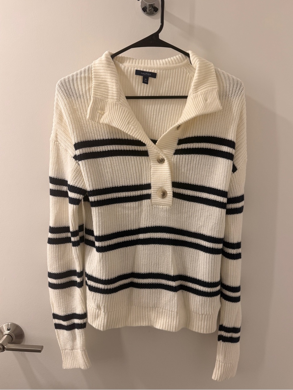 Nautica Cream Knit Pullover with Black Stripe Detail